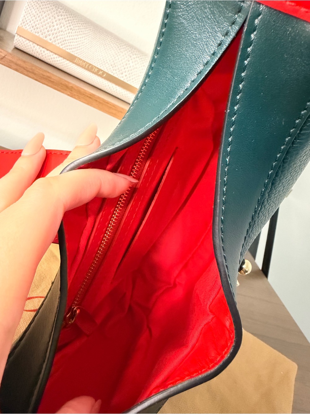 AUTHENTIC - Louboutin Small Leather Carasky in Dark Forest Green/Red - Picture 11 of 16